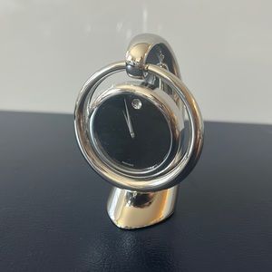 Movado Vintage Chrome hanging desk / shelf clock, Classic Movado Black Dial